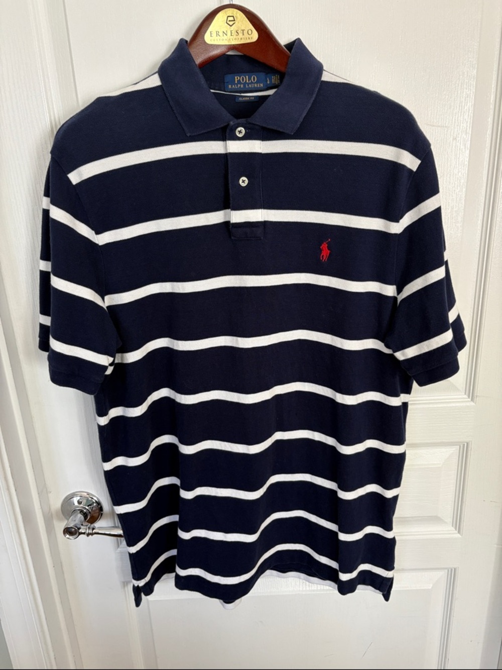 Polo by Ralph Lauren Navy & White Striped Polo with Red Pony